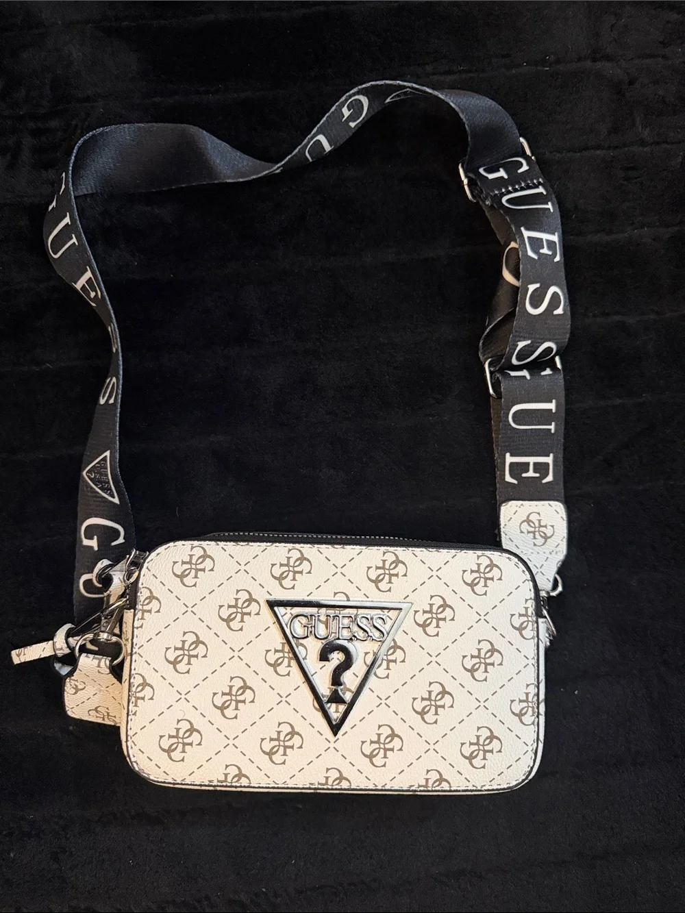 GUESS White Logo Messenger Crossbody with Black Branded Strap